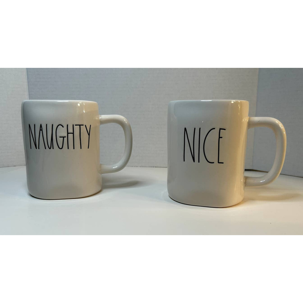 Rae Dunn (2) Fun Artisan Cream & Black " NAUGHTY" & " NICE" Mugs EUC By Magenta